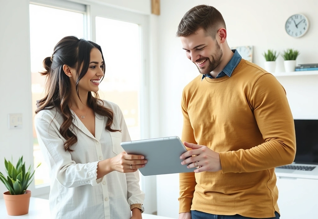 Ernährungsberaterin erklärt einem Klienten einen Ernährungsplan auf einem Tablet